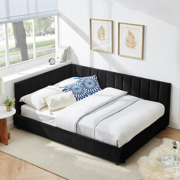 English Elm Full Size Upholstered Tufted Bed Frame In Luxurious Black Velvet - Stylish Sofa Bed With Armrests W487S00331