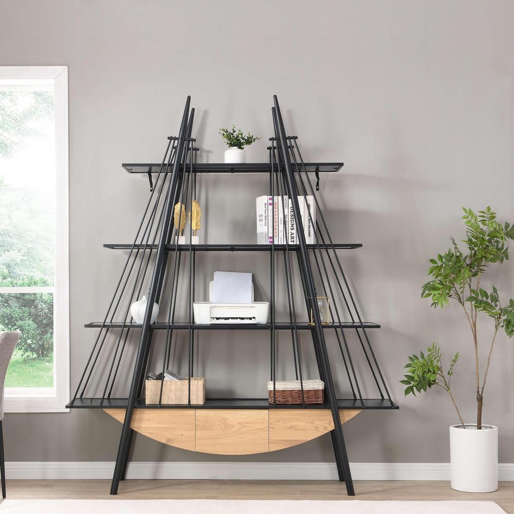 English Elm Sailboat-Inspired Industrial 4-Tier Bookshelf with Drawer — Nautical MDF & Metal Display Rack for Home Decor Black W2317P253500
