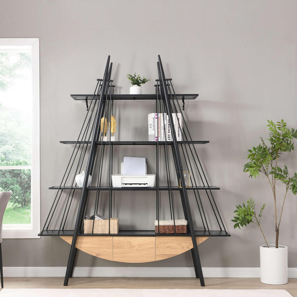 English Elm Sailboat-Inspired Industrial 4-Tier Bookshelf with Drawer — Nautical MDF & Metal Display Rack for Home Decor Black W2317P253500