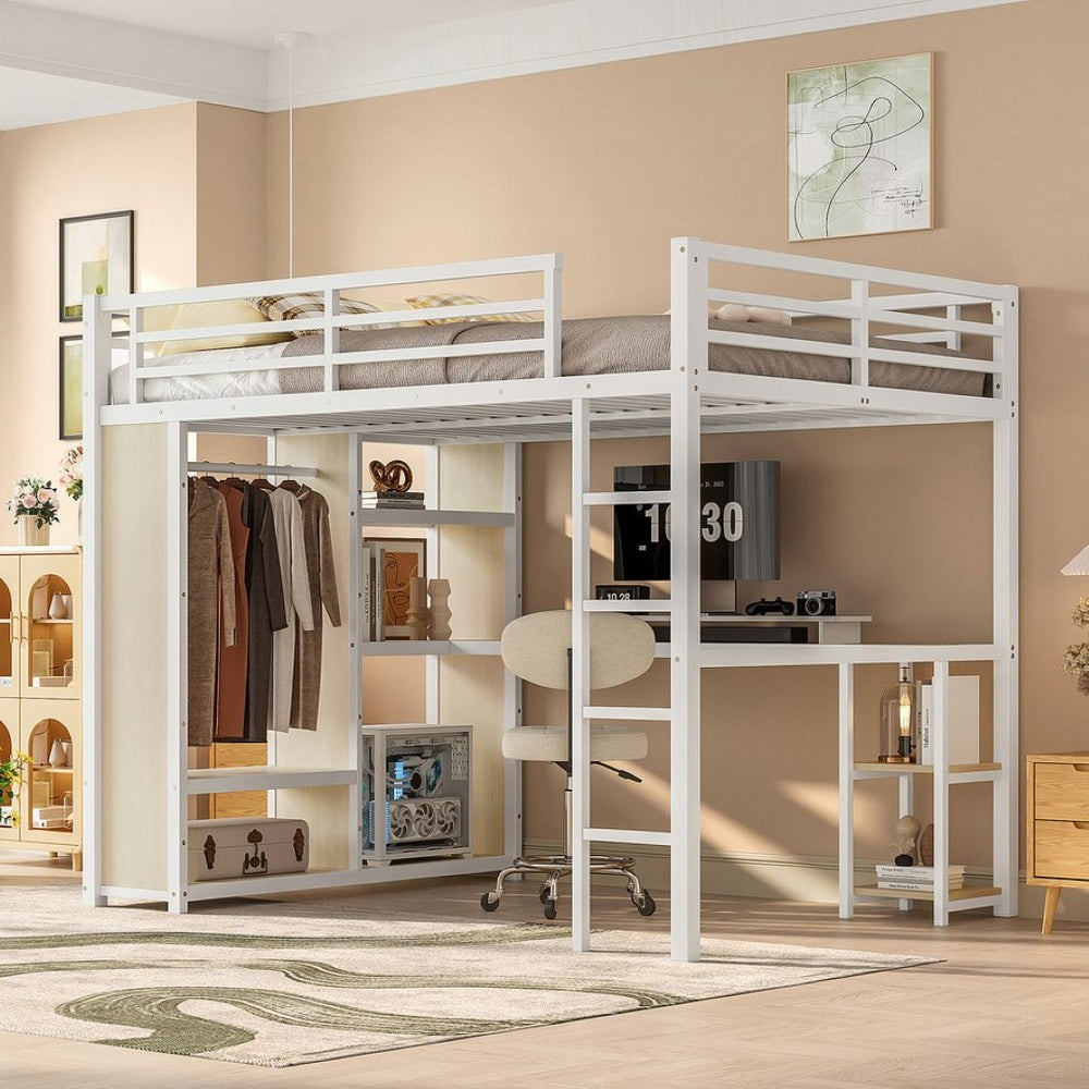 English Elm Queen Size Loft Bed Frame With Desk, Wardrobe & Storage Shelves – Stylish Space-Saving Solution! W1580S00179-GIGA