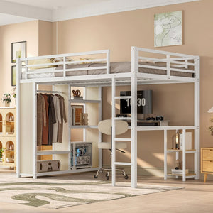English Elm Queen Size Loft Bed Frame With Desk, Wardrobe & Storage Shelves – Stylish Space-Saving Solution! W1580S00179-GIGA