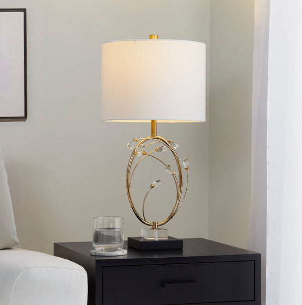 English Elm Table Lamp Set of 2 Black Metal Crystal Accents Gold Finish Linen Shade Bedroom B202P471578
