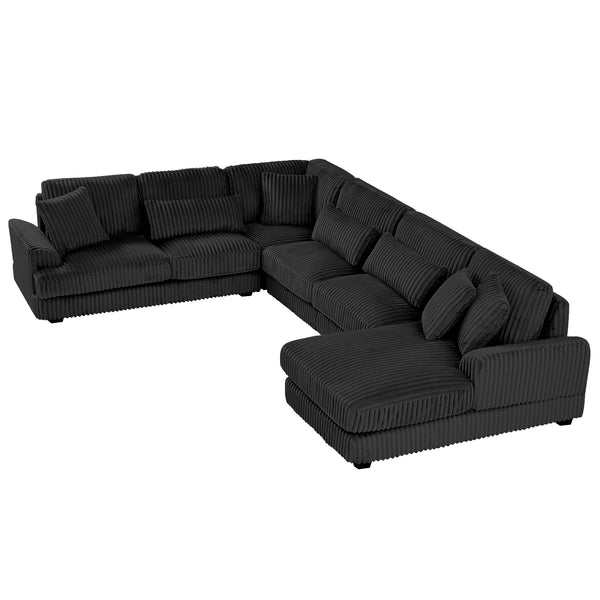English Elm 129" Oversized Sectional Sofa U-Shaped Corduroy Chaise Lounge with Curved Armrests Plush Foam Comfort Black N719S001690B