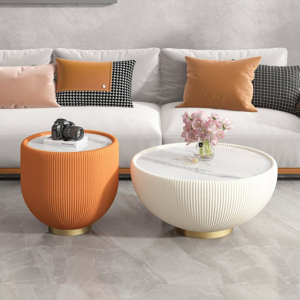 English Elm Modern Sintered Stone Round Side Table Leather Edge Brass Base Living Room Accent W3081P293638