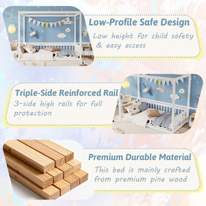 English Elm Twin Canopy Floor Bed Rubberwood Frame with Fence Guardrails for Kids Bedroom White W504P351802