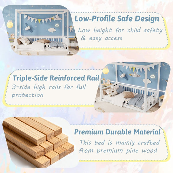 English Elm Twin Canopy Floor Bed Rubberwood Frame with Fence Guardrails for Kids Bedroom White W504P351802