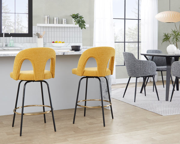 English Elm Fixed-height Swivel Counterstools with White Upholstery Gold Footrest Set of 2 Yellow B202S01785