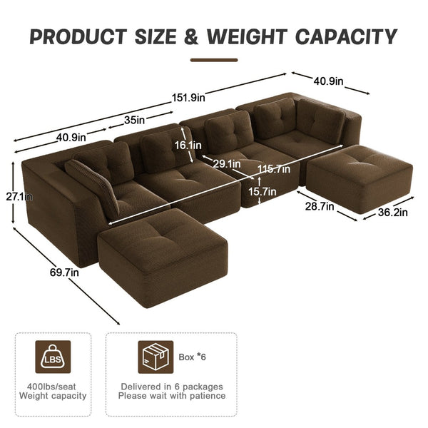 English Elm Modern Corduroy Modular Sectional with Tufted Cushions Two Ottomans Living Room Brown W714S01812