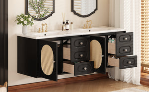 English Elm 30" Mid-Century Bathroom Vanity with Ceramic Sink, Rattan Accent, 2 Soft-Close Drawers, Large Storage Space N710P265954B