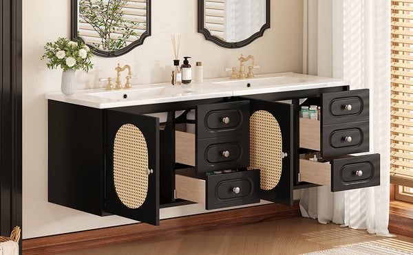 English Elm 30" Mid-Century Bathroom Vanity with Ceramic Sink, Rattan Accent, 2 Soft-Close Drawers, Large Storage Space N710P265954B