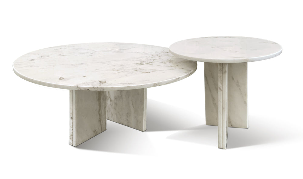 English Elm White marble coffee table set — Luxury natural stone duo, unique veining, semi-polished designer centerpiece, easy-assemble decor (70/45cm) W1696S00002