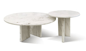 English Elm White marble coffee table set — Luxury natural stone duo, unique veining, semi-polished designer centerpiece, easy-assemble decor (70/45cm) W1696S00002