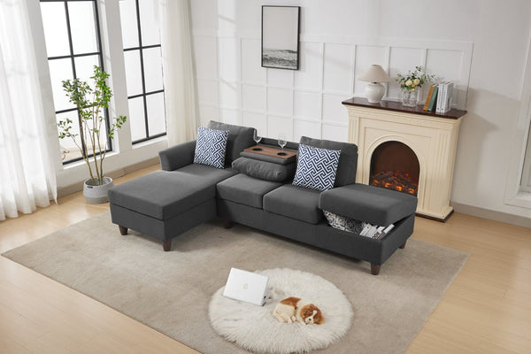 English Elm Hidden Compartment Modular Sectional with Pull Out Drawer and Coordinated Accent Pillows Dark Grey B2730S00063