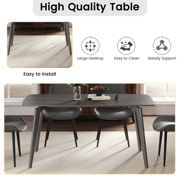 English Elm 62.99" Modern Artificial Stone Dining Table With Black Curved Edge - Seats 6, Sleek Metal Legs W1535S00525