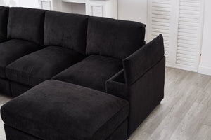 English Elm 122"l Corduroy Sectional with Dual Ottomans Modular U-shape Sofa for Modern Living Black W1669S00045