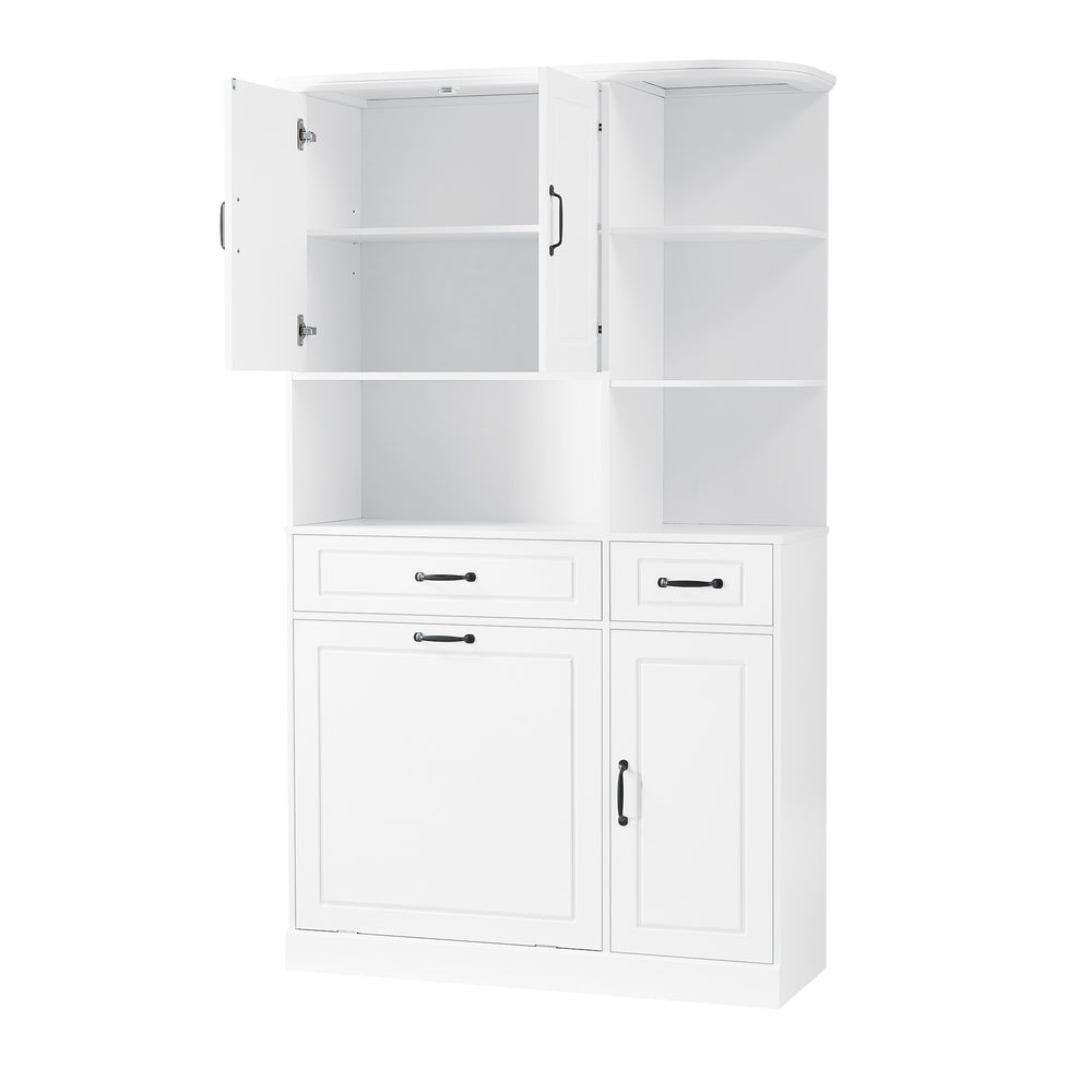English Elm Tall Freestanding Organizer Cabinet with Tilt-Out Hamper, 2 Drawers, Adjustable Shelves, Modern White MDF Storage N725S352451K