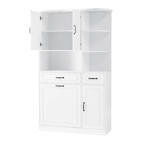 English Elm Tall Freestanding Organizer Cabinet with Tilt-Out Hamper, 2 Drawers, Adjustable Shelves, Modern White MDF Storage N725S352451K