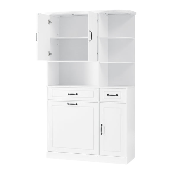 English Elm Tall Freestanding Organizer Cabinet with Tilt-Out Hamper, 2 Drawers, Adjustable Shelves, Modern White MDF Storage N725S352451K