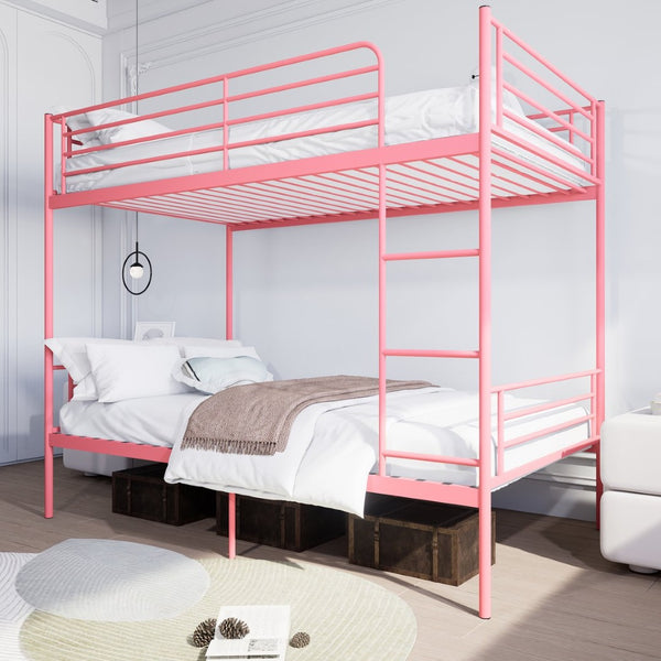 English Elm Bunk Bed Twin Over Iron Frame with Full Guardrail Ladder and Under Storage Pink W3752P412406