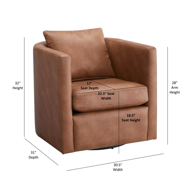 English Elm Sutton Ultra-Soft Faux Leather Swivel Barrel Chair in Brown — Stain-Resistant, Reversible Cushions, 360° Comfort B050P322591