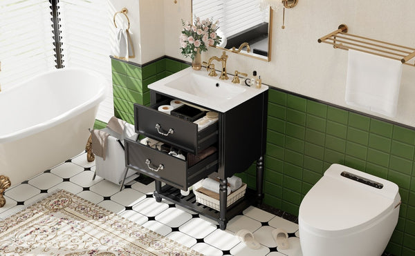 English Elm 24'' Vintage Bathroom Vanity with Ceramic Sink Soft Close Drawers Open Shelf Black N710P411237B
