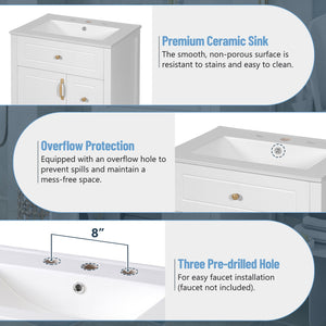 English Elm 24-Inch Bathroom Vanity with Ceramic Sink, Soft-Close Door & Drawers, Gold Handles, Durable Wood Elegance White N729P192078K