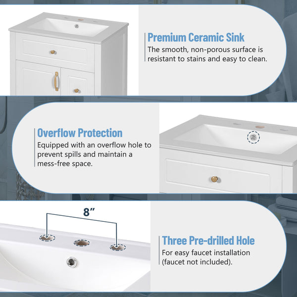 English Elm 24-Inch Bathroom Vanity with Ceramic Sink, Soft-Close Door & Drawers, Gold Handles, Durable Wood Elegance White N729P192078K