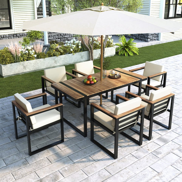 English Elm 7 Piece Outdoor Dining Set with Acacia Wood & Steel Frame, Water-Resistant Cushions, Umbrella Hole Beige N719Z000140A