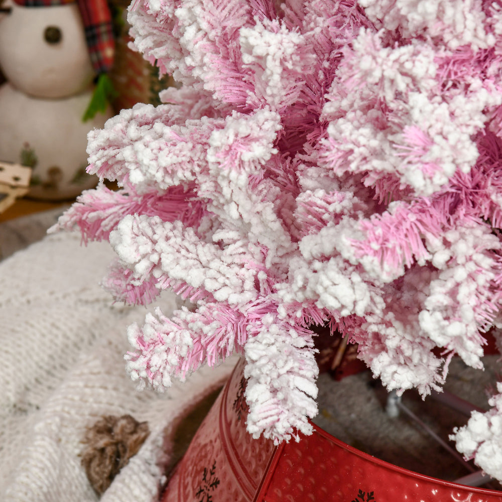 English Elm Homcom 7.5' Tall Slim Pencil Pink Snow Flocked Christmas Tree - Realistic Pine, Easy Setup & Customizable W2225P229660