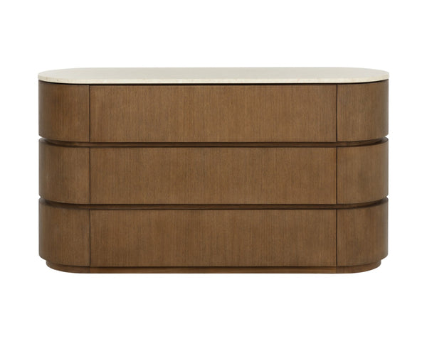 Sunpan CALDORA Dresser - Sculptural Oak-Veneer Design with Polished Marble Top & Soft-Closing Drawers 112890