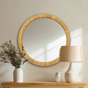 English Elm 36" Woven Rattan Round Wall Mirror Bohemian Organic Texture for Living Room or Entryway B035P437550