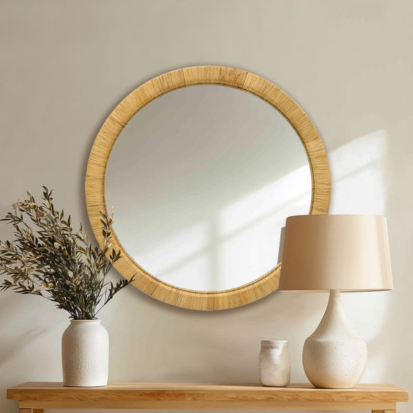 English Elm 36" Woven Rattan Round Wall Mirror Bohemian Organic Texture for Living Room or Entryway B035P437550