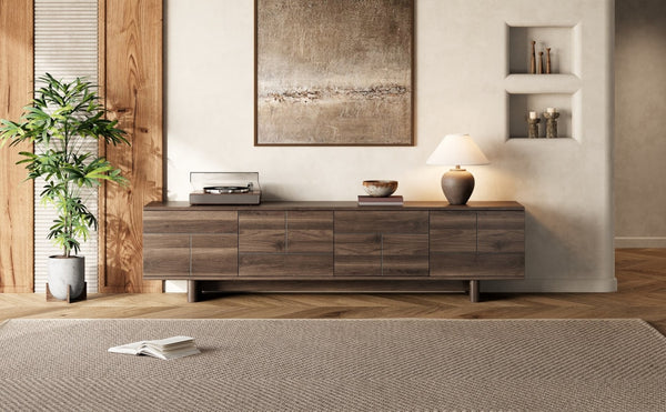 English Elm 78 Inch Low Profile Media Console with Pine Legs Soft Close Doors for Living Room N710P429519Q
