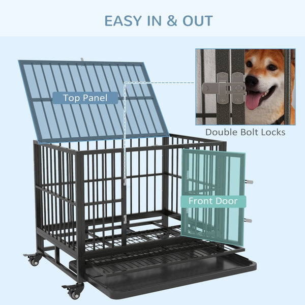 English Elm Pawhut 36" Heavy Duty Dog Crate With Lockable Wheels, Double Doors & Removable Tray For Easy Care W2225P200934-GIGA