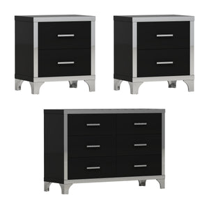 English Elm 3-Pieces Modern Dresser and Two Nightstands with Mirrored Trim, Metal Handles, Spacious Storage Black 55.71 L x 19.29 W x 10.63 H N733S205355B