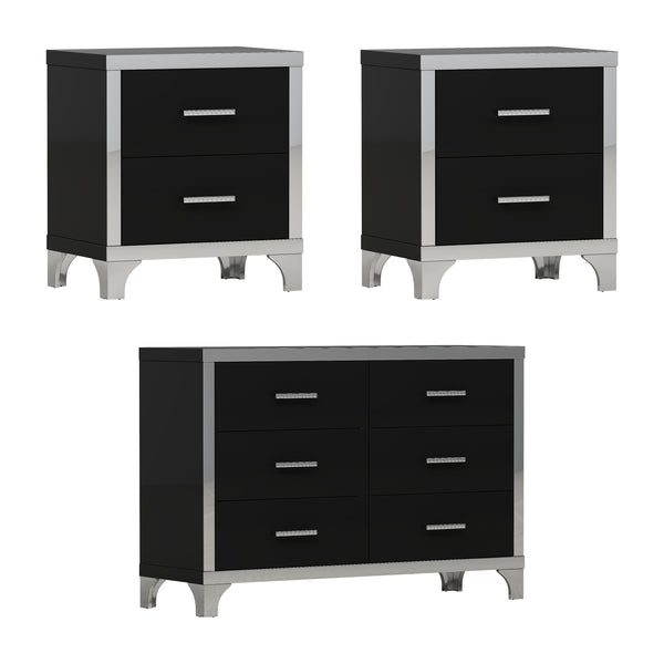 English Elm 3-Pieces Modern Dresser and Two Nightstands with Mirrored Trim, Metal Handles, Spacious Storage Black 55.71 L x 19.29 W x 10.63 H N733S205355B