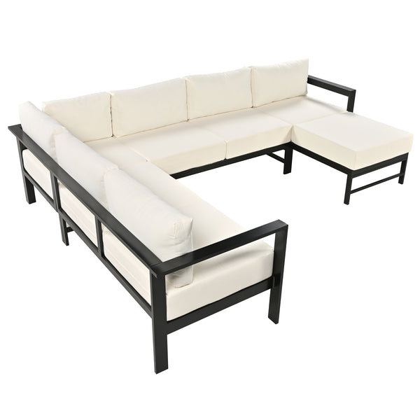English Elm U-shaped outdoor sofa set with durable aluminum frame, polyspun cushions, high weight capacity and garden-ready style White WY000392AAA