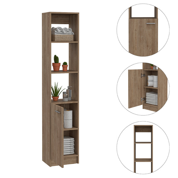 English Elm Malaga Linen Cabinet with Concealed Door and Three Open Shelves, 63" Tall Space-Saving Storage Solution Beige 66.5 L x 16.9 W x 3.9 H B20091942