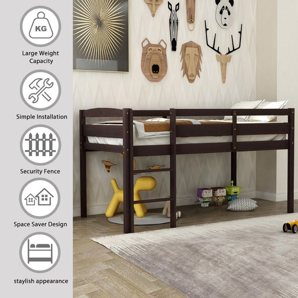 English Elm Twin Low Loft Bed Solid Pine Frame with Walnut Finish and Open Floor Space Below N708P340482P