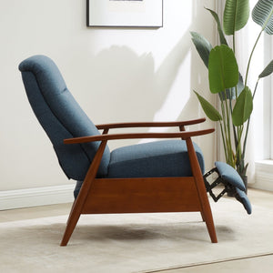 English Elm Tustin Mid-century Push Back Recliner with Chestnut Wood Arms and Performance Fabric Blue B050P429144