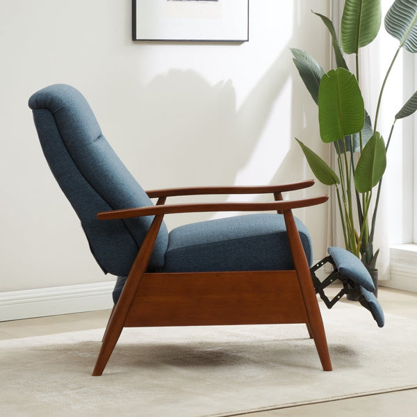 English Elm Tustin Mid-century Push Back Recliner with Chestnut Wood Arms and Performance Fabric Blue B050P429144