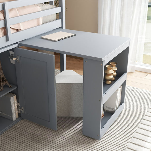 English Elm Twin Loft Bed With Pull-Out Desk, Storage Cabinets & Safety Guardrail - Stylish Grey Rubberwood Design W504S00256-GIGA