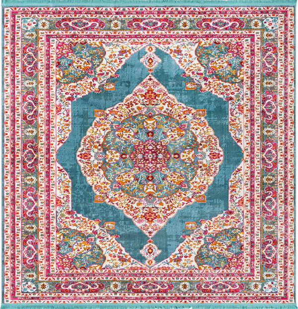 Unique Loom Baracoa Regla Machine Made Border Rug Turquoise, Ivory/Olive/Orange/Red/Violet/Pink 8' 2" x 8' 2"
