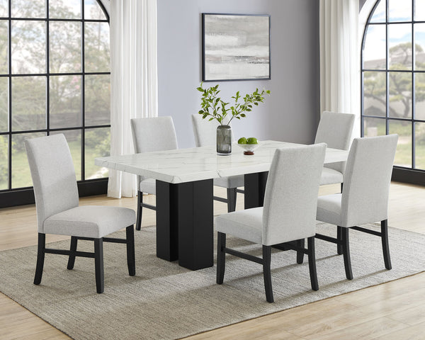 English Elm 5pc Dining Set with Luxurious Marble-Look Rectangular Table and Dark Base, Upholstered Comfort Chairs Light Gray,White 45.27 L x 71.46 W x 3.94 H B2741S00520