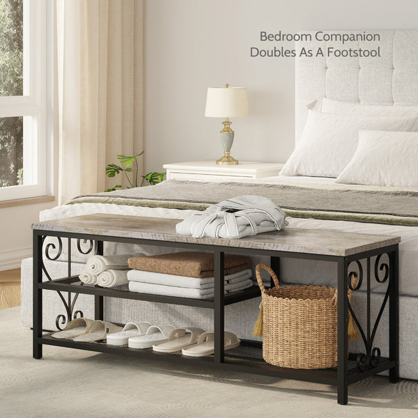 English Elm Vividwood Industrial Entryway Bench Rustic Wood Top Metal Frame Scrollwork Shoe Organizer Gray T5618P505965