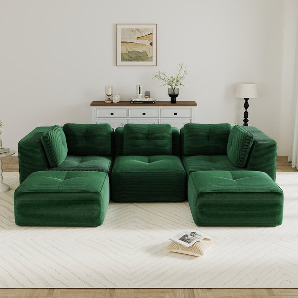 English Elm Modern Corduroy U-shaped Sectional with Tufted Cushions Deep Seat and Movable Ottomans Green W714S01797