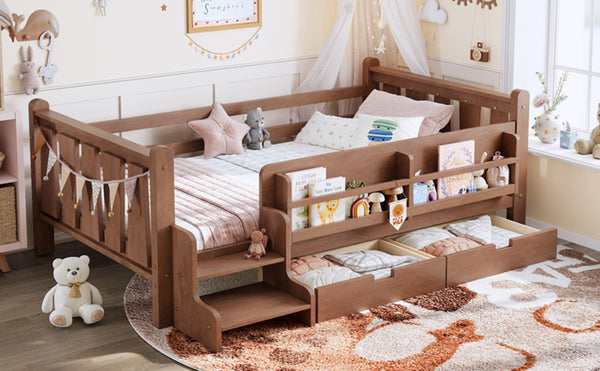 English Elm Twin Pine Floor Bed with Guardrails Built-in Bookcases and Stair Steps for Kids Natural W1580P430200