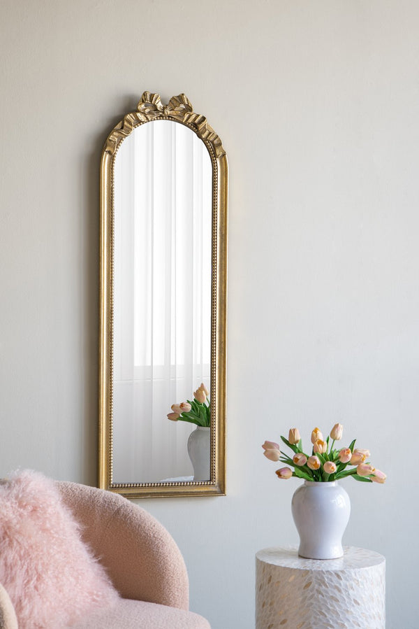 English Elm 15.8" Baroque Arched Full-Length Mirror with Gold Scrollwork Crown, Elegant Entryway Accent Piece W2078P288165