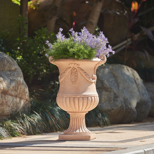 English Elm Elegant Handcrafted Mgo Floral Relief Garden Urn Planter with Antique White Finish Terracotta N772P389441T