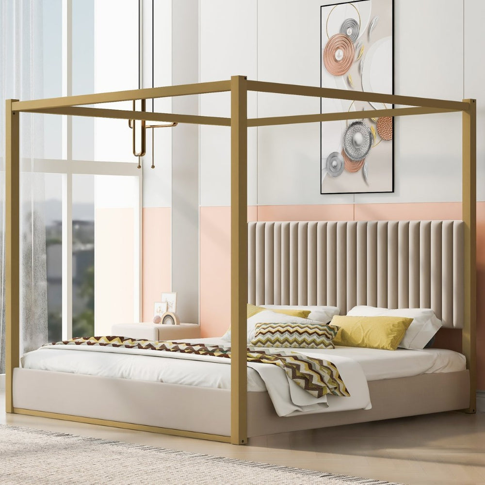English Elm King Velvet Upholstered Four Poster Canopy Bed White Modern Bedroom Frame N7090002405A